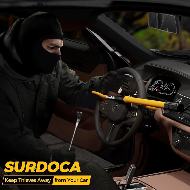 SURDOCA قفل عجلة القيادة للسيارة جهاز مضاد للسرقة، أقفال عجلة القيادة للسيارة SUV فان، أسطوانة قفل مطورة، تركيب سهل، حماية مطاطية، جهاز أمان عالمي قابل للتوسيع، أحمر - Image 2